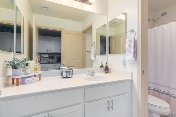 The guest bathroom offers a spacious vanity with white cabinetry, ample storage, and a full tub and shower combination. Bright finishes create a fresh, move-in-ready feel.