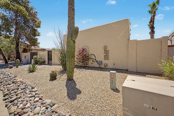 Attractive desert landscaping showcases mature cactus, decorative stone, and native plants designed for beauty and easy maintenance. The enclosed yard enhances privacy while complementing the home's architecture.