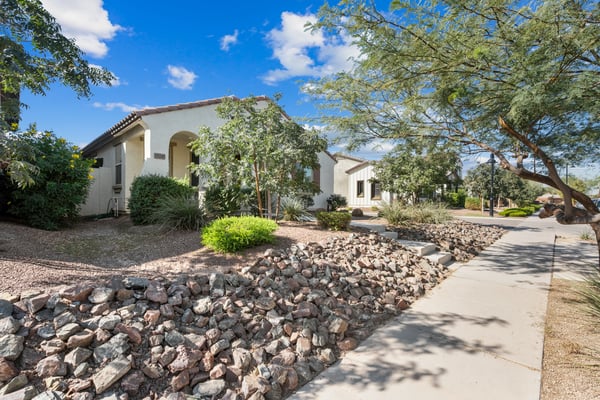 Attractive front streetscape highlighting mature desert landscaping, charming curb appeal, and a peaceful neighborhood atmosphere. A wonderful first impression for this Goodyear home.