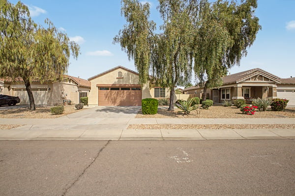 Attractive neighborhood streetscape featuring mature trees, desert landscaping, spacious driveway, and beautiful curb appeal in the sought-after Palm Valley community of Goodyear.