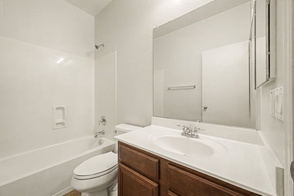Bright secondary bathroom with a spacious vanity, oversized mirror, tub and shower combination, and neutral finishes designed for everyday functionality.