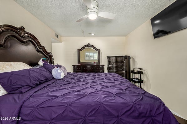 Alternate view of the primary bedroom showcasing its generous layout, updated finishes, ceiling fan, and inviting ambiance, creating the perfect private retreat in this Sun City home.