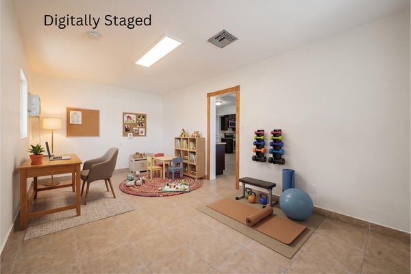 Digitally staged visualization transforms the versatile flex room into a productive home office, children's play area, and exercise corner, demonstrating multiple lifestyle possibilities within this Phoenix home.