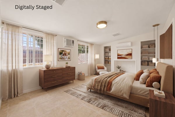 Digitally staged rendering illustrates the spacious bedroom as a stylish primary retreat with elegant furnishings, soft textures, and warm finishes. The visualization highlights the room's comfort and design potential in this Phoenix property.