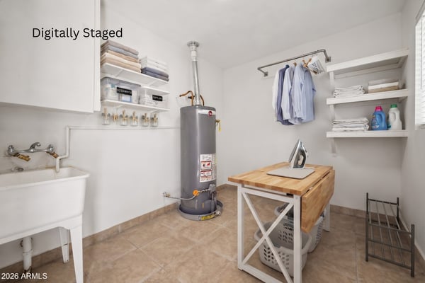 Digitally staged concept showcases the utility room with laundry organization, folding space, shelving, and efficient storage solutions. This visualization highlights the room's practical functionality.