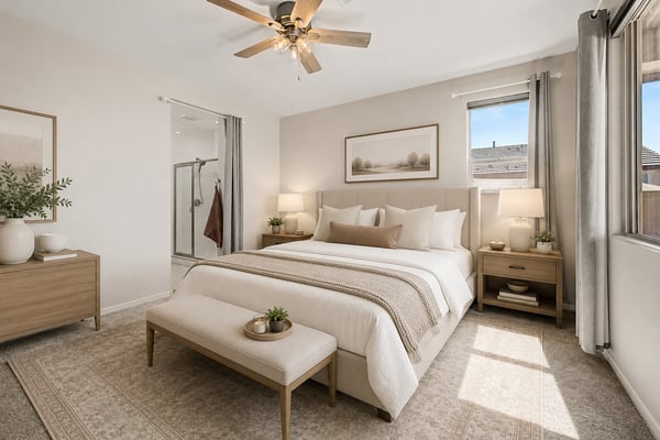 Virtually Staged Comfortable primary suite featuring plush carpeting, large windows, ceiling fan, and private access to the ensuite bathroom. A relaxing retreat designed for rest and everyday comfort.
