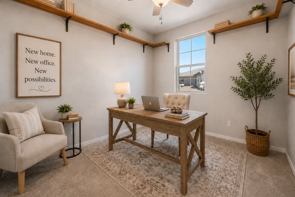Virtually Staged Bright secondary bedroom with plush carpeting, ceiling fan, custom open shelving, and a large window. Perfect as a guest room, home office, or hobby space in this beautiful Wittman residence.