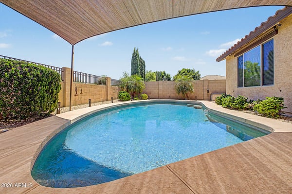 A sparkling private pool is surrounded by mature palms, attractive landscaping, and spacious decking, offering the perfect place to relax and entertain at this Goodyear rental home.