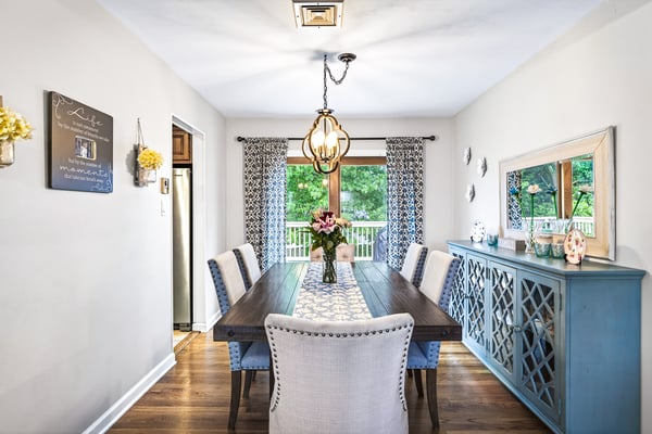 Bright dining room with garden views.