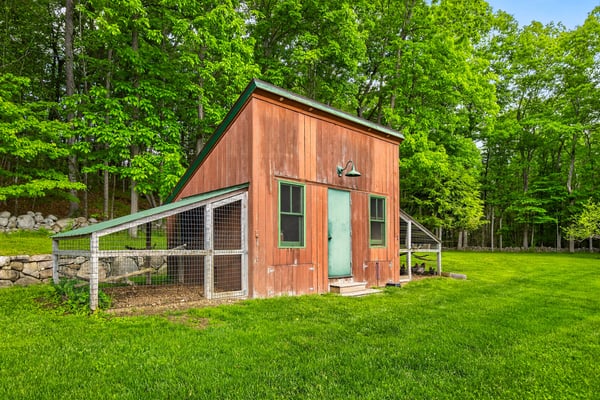 Unique barn-style structure surrounded by lush greenery, offering endless possibilities for creative use or renovation.