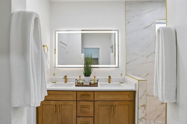 Modern bathroom featuring clean lines, sleek fixtures, and a spacious design