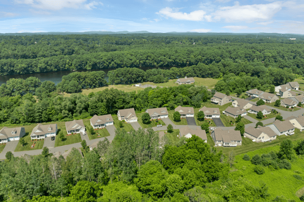 Stunning aerial view showcasing a desirable neighborhood surrounded by lush greenery and scenic river views.