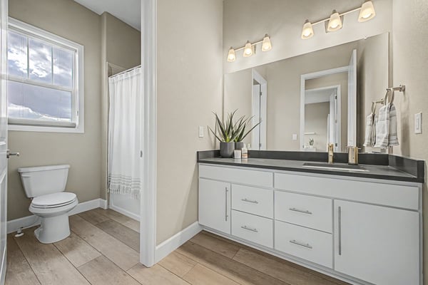 Modern bathroom featuring ample storage, a sleek countertop, and natural light for a refreshing atmosphere.