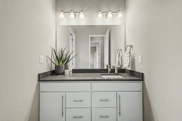 Modern bathroom featuring sleek cabinetry, ample counter space, and bright lighting for a fresh ambiance.