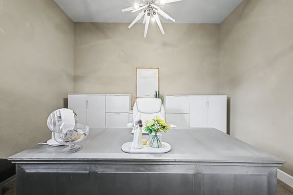 Bright home office featuring a spacious desk, ample storage, and modern fixtures for creative productivity.