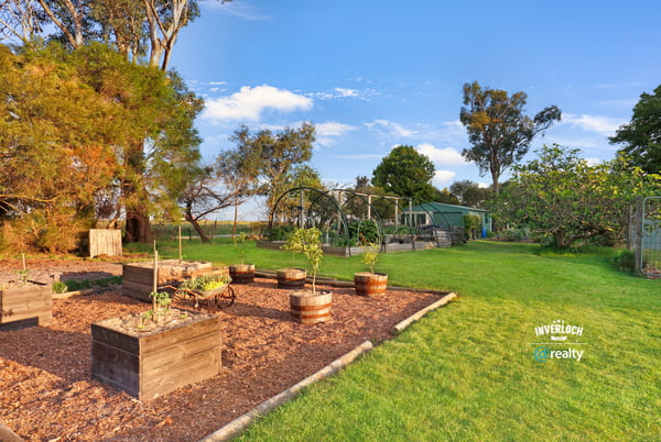 Spacious outdoor area featuring raised garden beds and scenic views, ideal for gardening enthusiasts and outdoor living.