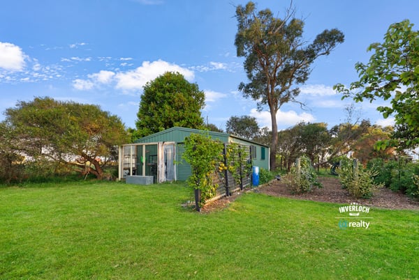 This property features a spacious backyard with greenery and a versatile outbuilding, perfect for various uses.