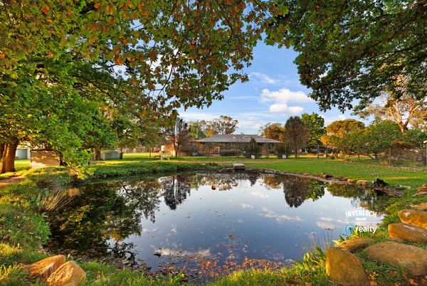 Expansive outdoor space featuring a tranquil pond, surrounded by lush greenery and scenic views.