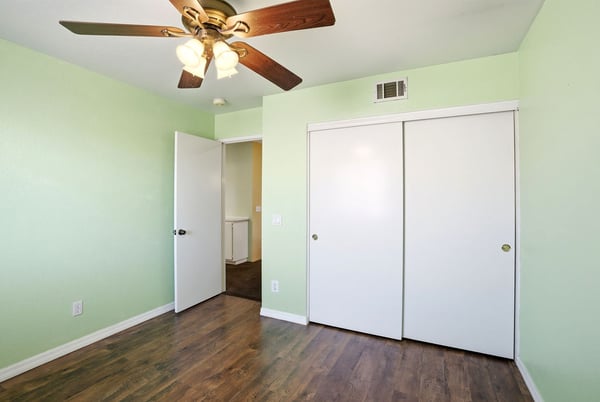 Bright room with a ceiling fan, featuring spacious closets and fresh green walls for a vibrant atmosphere.