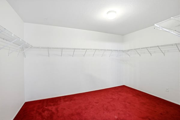 Spacious walk-in closet with ample shelving and vibrant red carpeting, perfect for organized storage.