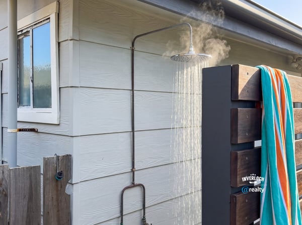 Experience outdoor living with this unique outdoor shower, perfect for refreshing after a day at the beach.