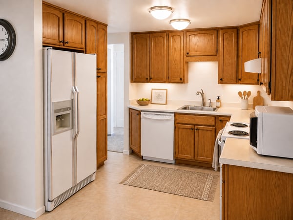 Spacious kitchen featuring ample cabinetry, white appliances, and an inviting layout perfect for cooking.