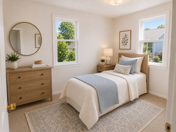 Bright and inviting bedroom brings in lots of natural light.