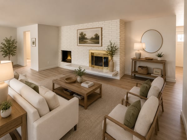 Another view of the formal living room featuring a cozy wood burning fireplace.