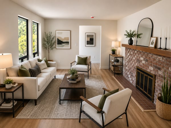 The front family room welcomes you with one of two wood-burning fireplaces.