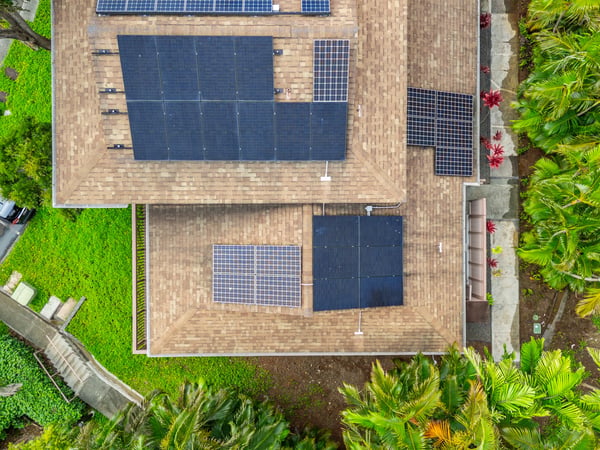 This energy-efficient home features a modern design with solar panels and lush surrounding greenery.