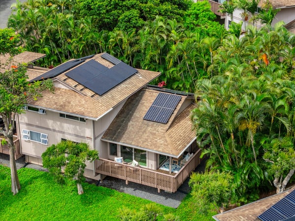 Modern home featuring solar panels, nestled among lush tropical landscaping for sustainable living.