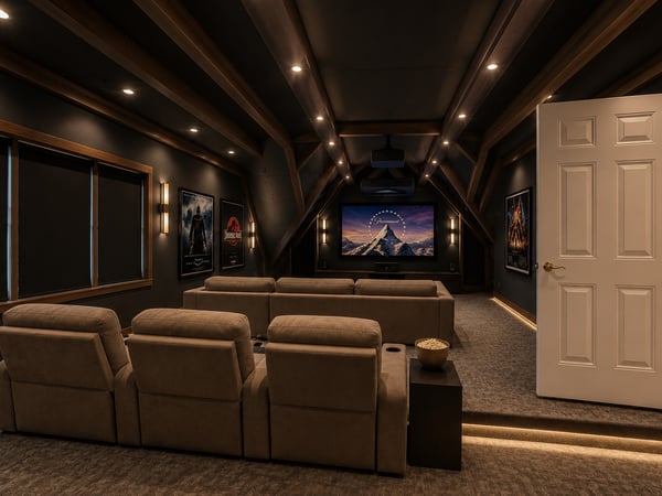 Potential space for a movie room in attic above garage.
