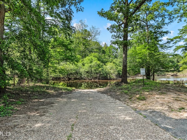 Private boat launch into Dorcheat Bayou, surrounded by lush greenery and tranquil views.