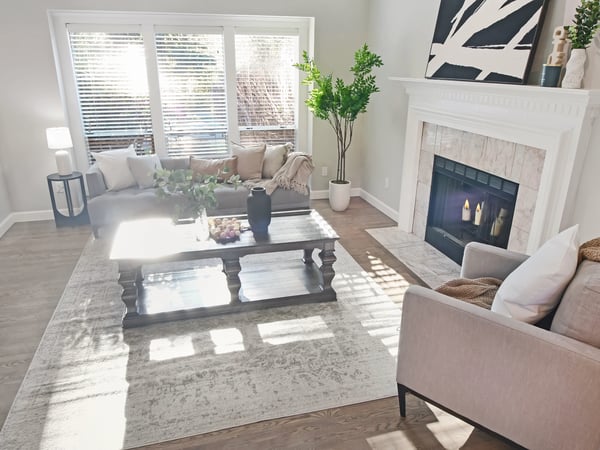 Bright and inviting living area with a cozy fireplace, and abundant natural light.