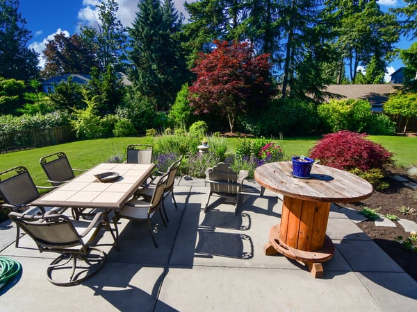 Spacious backyard featuring a patio area, perfect for outdoor gatherings and surrounded by lush greenery.