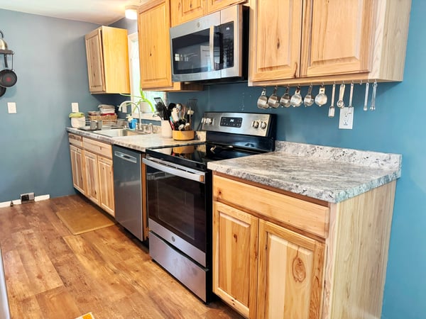 GE microwave and electric range and Frigidaire dishwasher