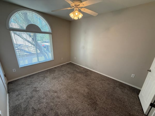 Inviting bedroom with a large arched window, ceiling fan, plush carpeting, and natural light. This versatile room in Phoenix provides excellent flexibility for guests, work, or everyday living.