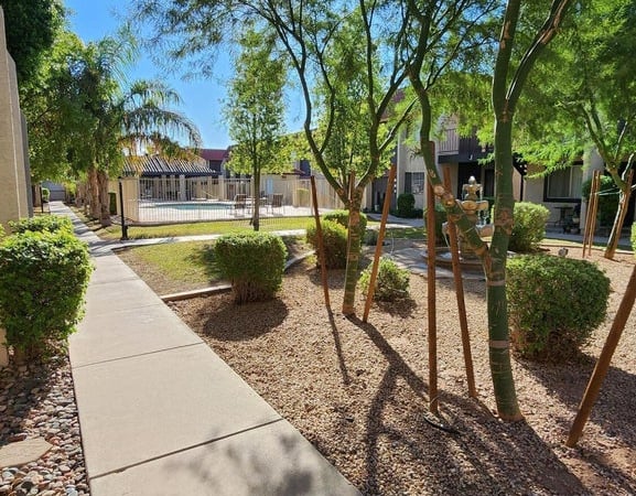 Attractive walking paths wind through professionally landscaped common areas featuring mature shade trees and desert-friendly landscaping. The peaceful surroundings enhance everyday living.