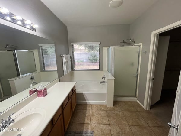 Spacious primary bath featuring a soaking tub, separate shower, dual-sink vanity, and direct access to the walk-in closet, creating a comfortable owner's retreat.