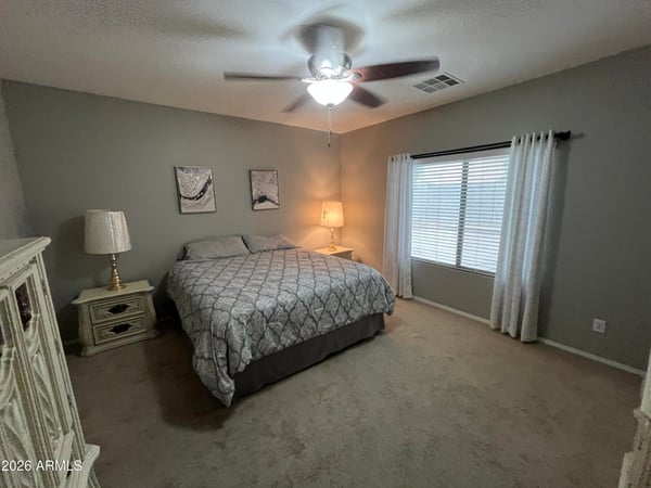 Large primary bedroom with plush carpet, ceiling fan, and oversized windows that bring in natural light, creating a peaceful and inviting space to unwind.