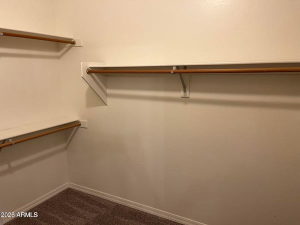 This oversized walk-in closet provides extensive hanging space and organized storage, making it easy to keep wardrobes and personal belongings neatly arranged.