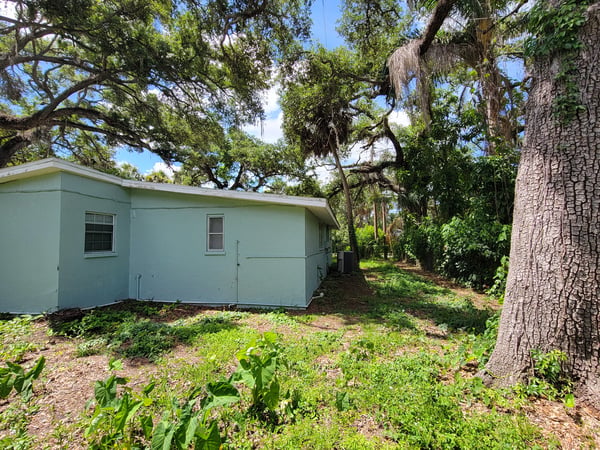 Spacious backyard surrounded by mature trees, offering privacy and potential for outdoor activities or gardening.