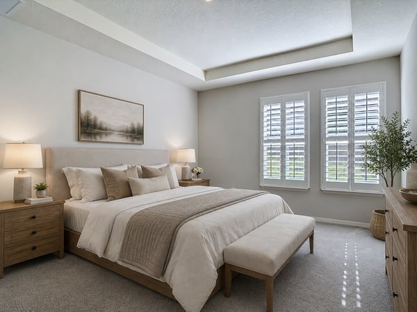 Spacious bedroom featuring natural light, modern finishes, and a cozy atmosphere for ultimate relaxation.