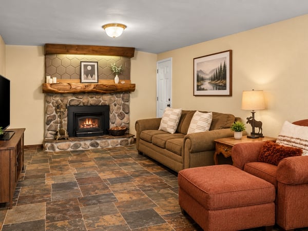 Large second living area with wood burning fireplace