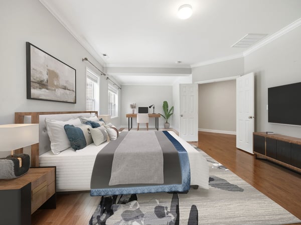 Virtually staged primary bedroom