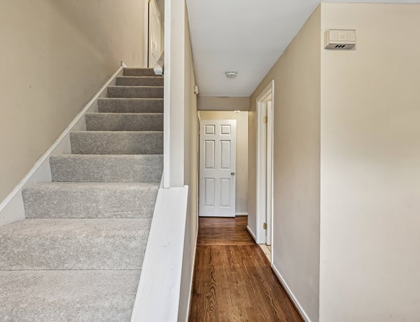 Bright and inviting entryway featuring carpeted stairs and warm hardwood floors, leading to a welcoming space.