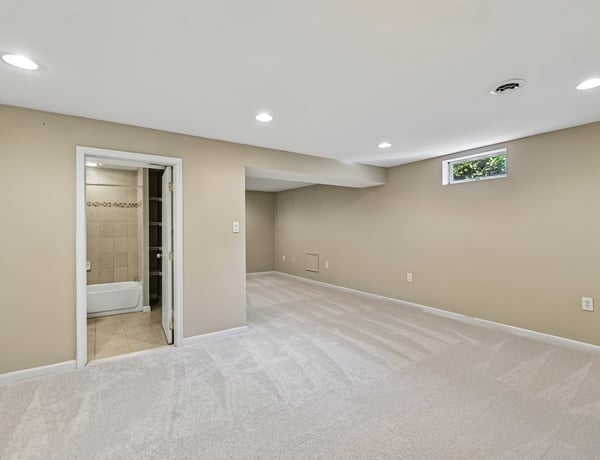 Spacious basement offering versatile living space with natural light and a convenient attached bathroom.