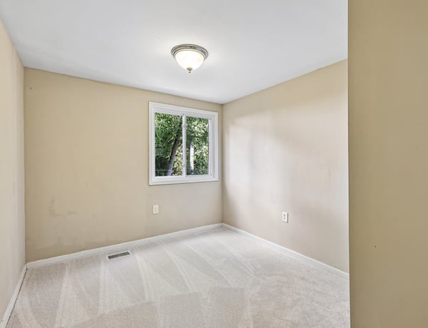 Bright, empty room with fresh carpet and a large window offering natural light and outdoor views.