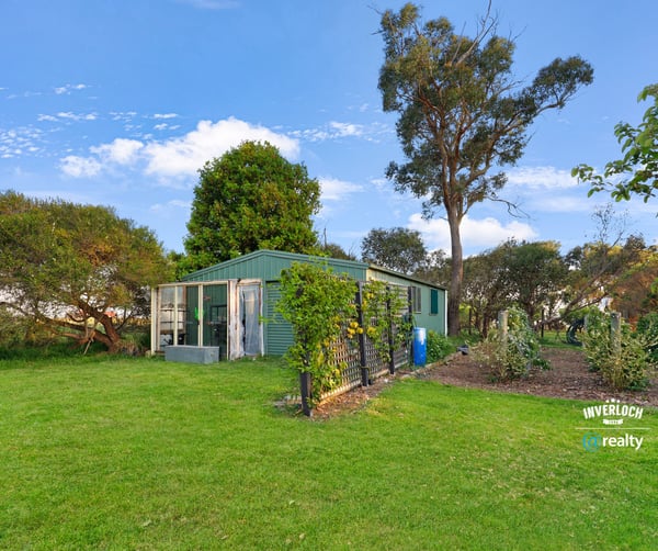 This property features a spacious backyard with greenery and a versatile outbuilding, perfect for various uses.